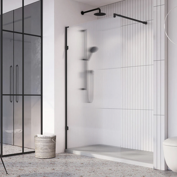 Modern wet room with sleek glass partition and minimalist design.