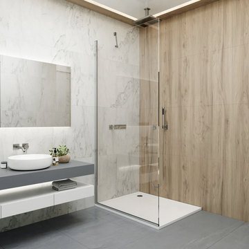 Modern bathroom with Coram Premier 8 shower screen and sleek fixtures.