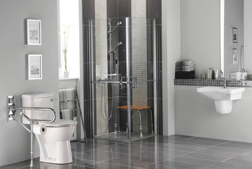Modern accessible bathroom with disabled shower and mobility features.
