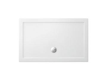 Sleek white rectangular shower tray with central drain.