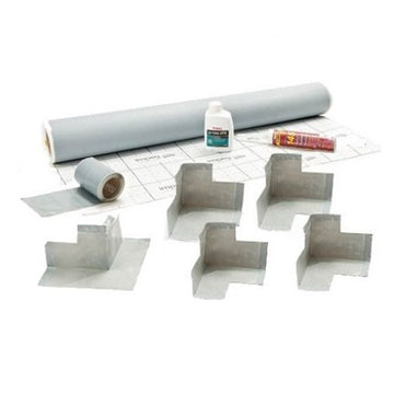 Wet room tanking membrane mat with accessories for waterproofing.