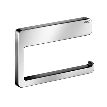 Sleek chrome toilet paper holder with modern rectangular design.