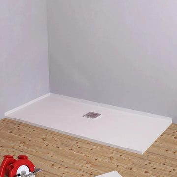 Aqua4ma wetroom tray with microcement finish on wooden floor.