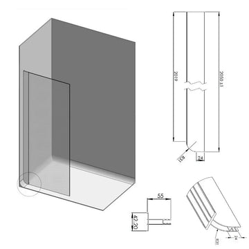 Vinyl floor shower screen wall profiles with technical drawings.