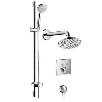 Modern chrome wet room shower set with adjustable handheld and wall-mounted heads.