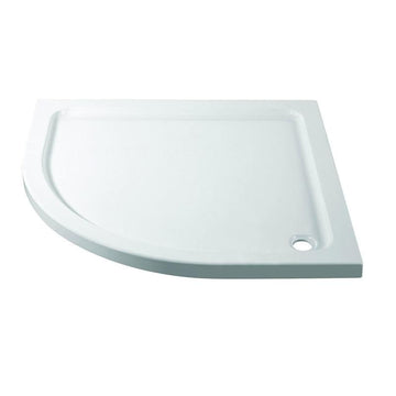 White quadrant shower tray with a curved front and drain hole.