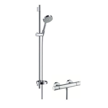 Sleek thermostatic mixing shower with adjustable handheld head.