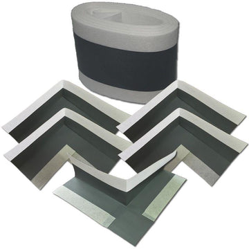 Roll of waterproofing tape with four corner pieces for sealing.