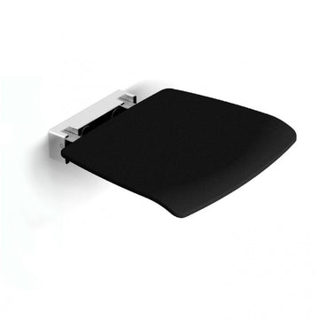 A sleek black wall-mounted shower seat for disabled and mobility support.