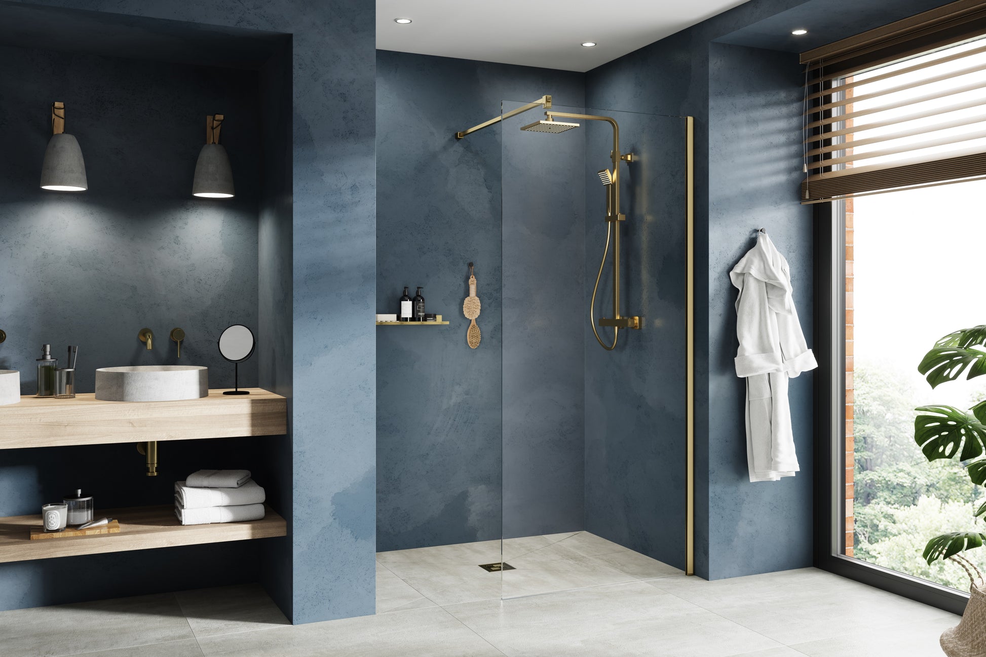Luxury wetroom featuring the Aqua4ma Evolution system with a gold shower set, microcement walls, and a seamless waterproof floor.