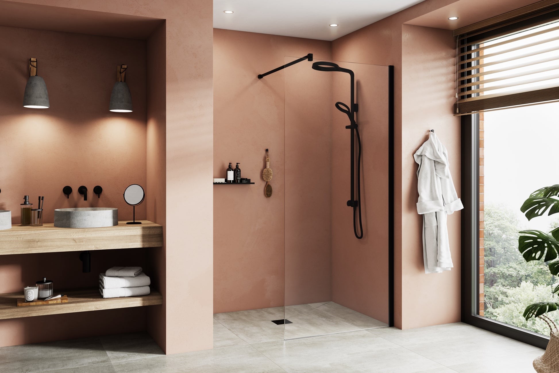 Modern wetroom with the Aqua4ma Evolution system, featuring a black shower set, microcement walls, and a sleek, watertight floor design.