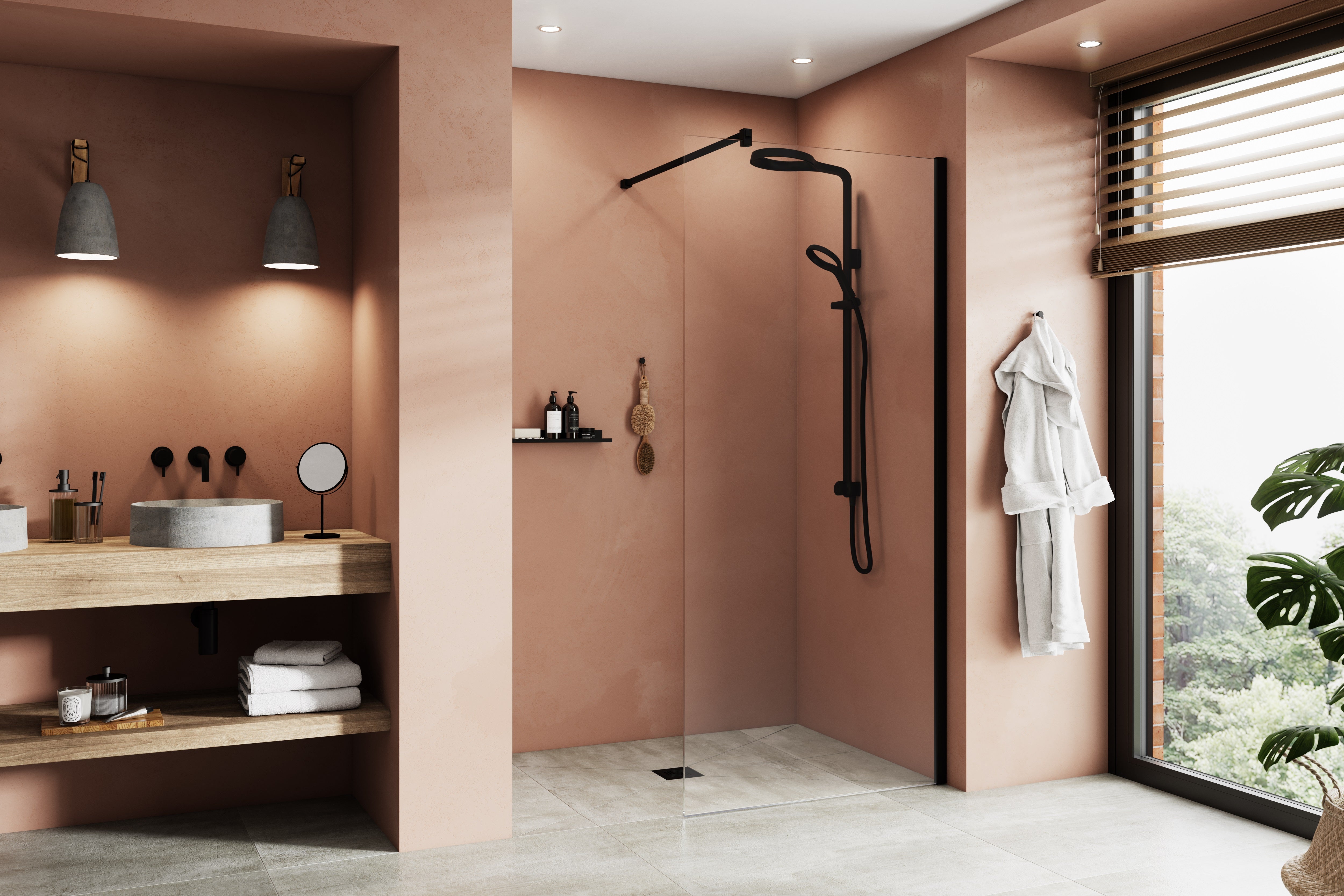 Modern wetroom with the Aqua4ma Evolution system, featuring a black shower set, microcement walls, and a sleek, watertight floor design.