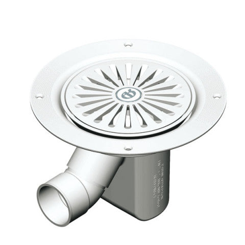 Round shower waste drain for AKW Tuff Form8 wet room shower tray, designed for efficient water drainage and compatibility with vinyl flooring.