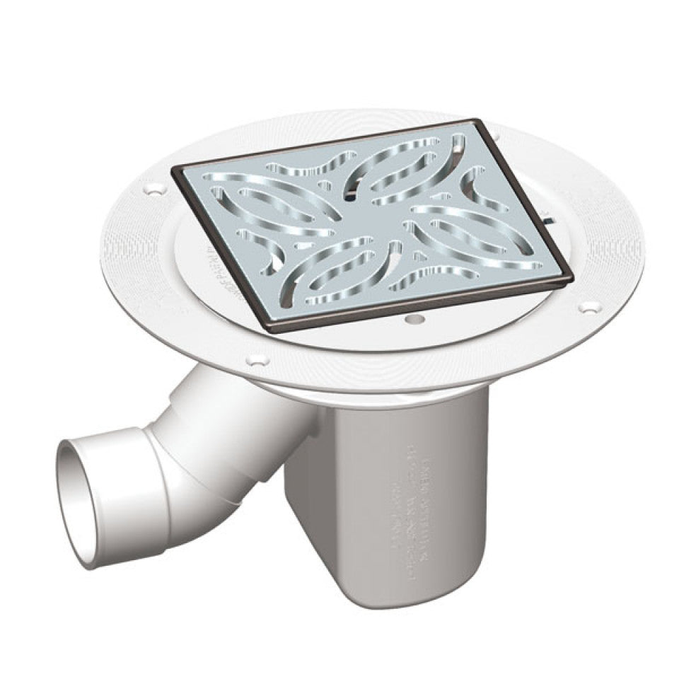 Square shower waste drain for AKW Tuff Form8 wet room shower tray, featuring a decorative pattern and compatibility with tiled flooring.