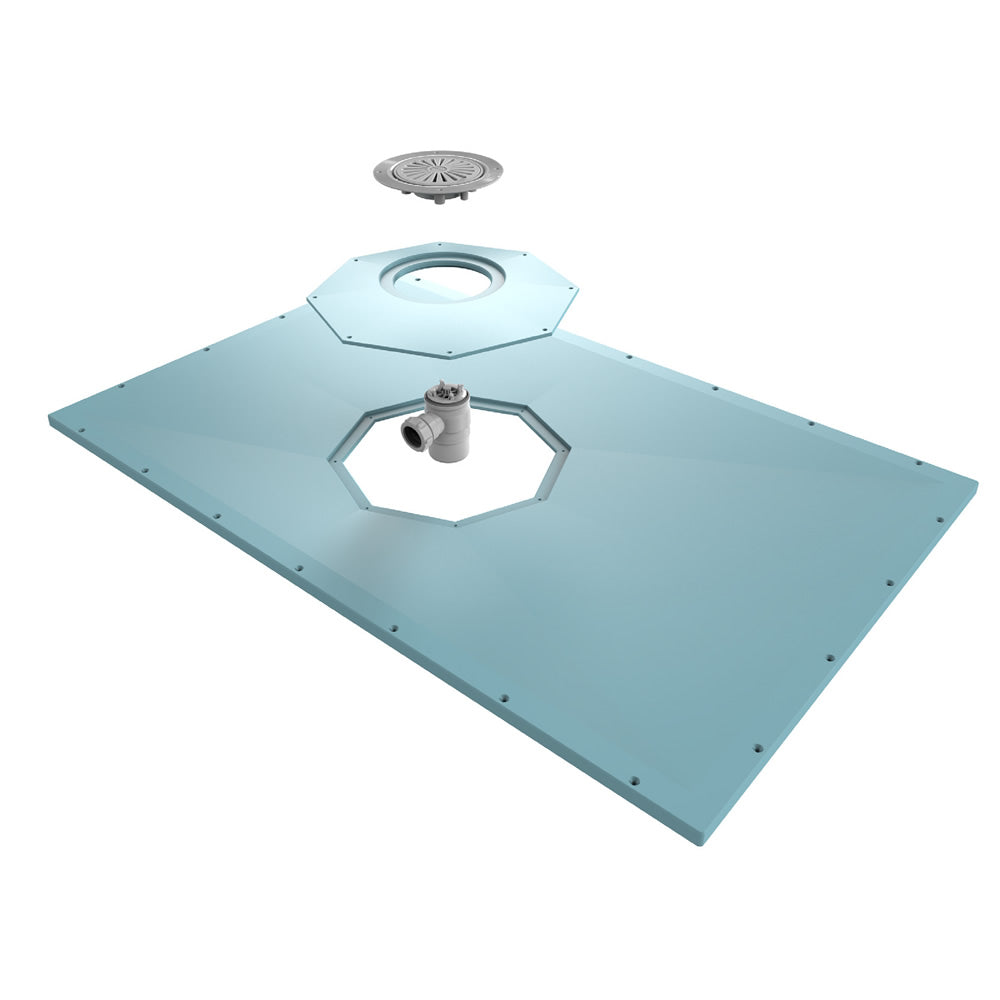 AKW Tuff Form8 wet room shower tray with an octagonal rotating plate for flexible waste positioning. Ideal for wheelchair-accessible showering.