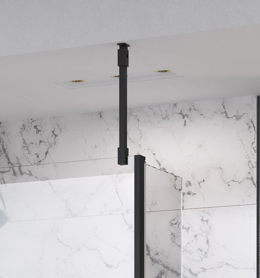Roman Liberty square bracing bar in matt black finish, providing sturdy support for a wet room shower screen installation.