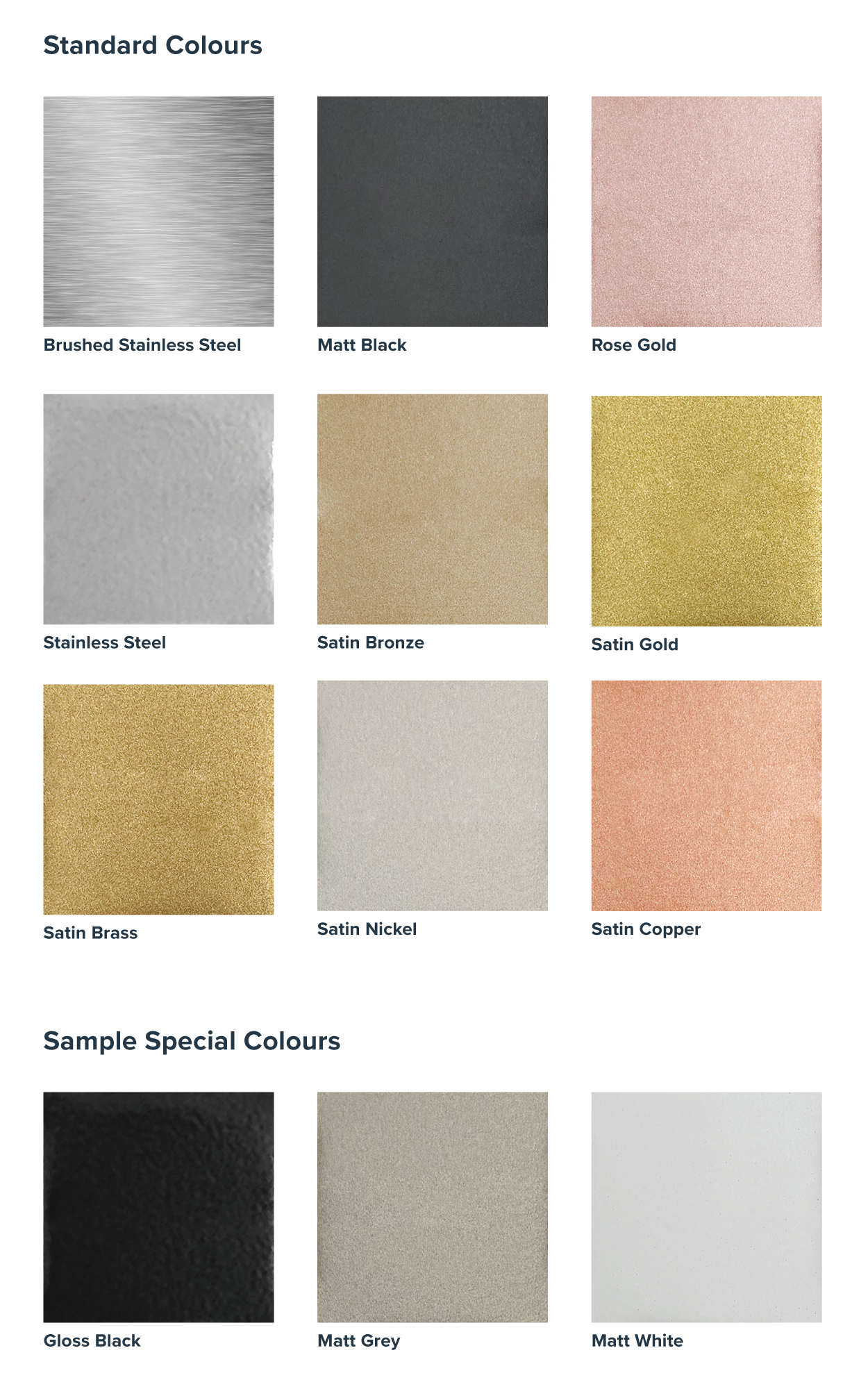 Color swatch chart with standard and sample special colors