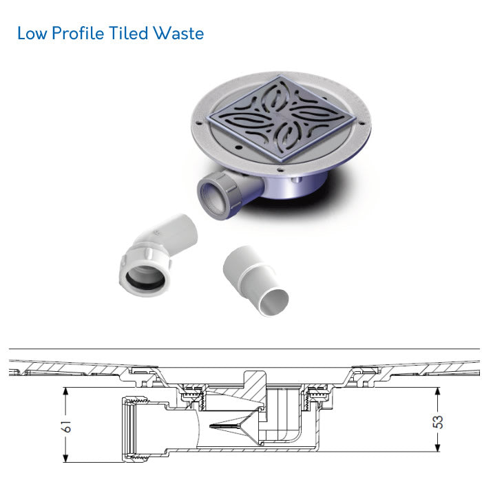 Low profile tiled waste drain for AKW Tuff Form8 wet room shower tray, featuring a decorative square grate for a stylish finish.