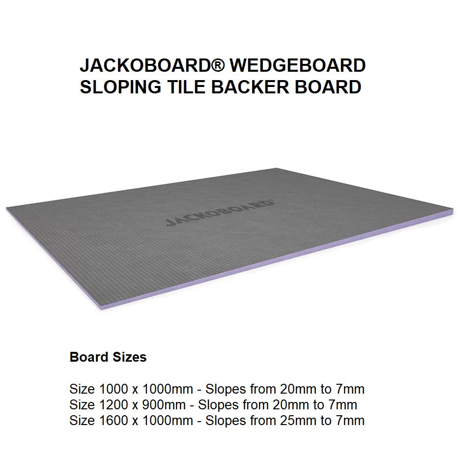 JACKOBOARD® Wedgeboard Sloping Tile Backer Board for wet room floor gradients, shown in grey with sloped thickness for efficient drainage.