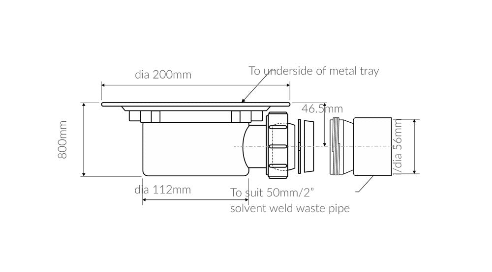 Technical diagram of the Aqua4ma Evolution Wetroom Deck Tray waste system, showing precise measurements for installation compatibility.