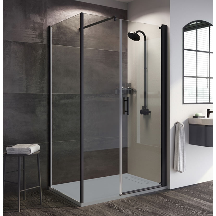 Modern bathroom setup featuring the Roman Stone Infinity Slate Effect Shower Tray in a sleek enclosure, showcasing its stylish and functional design.