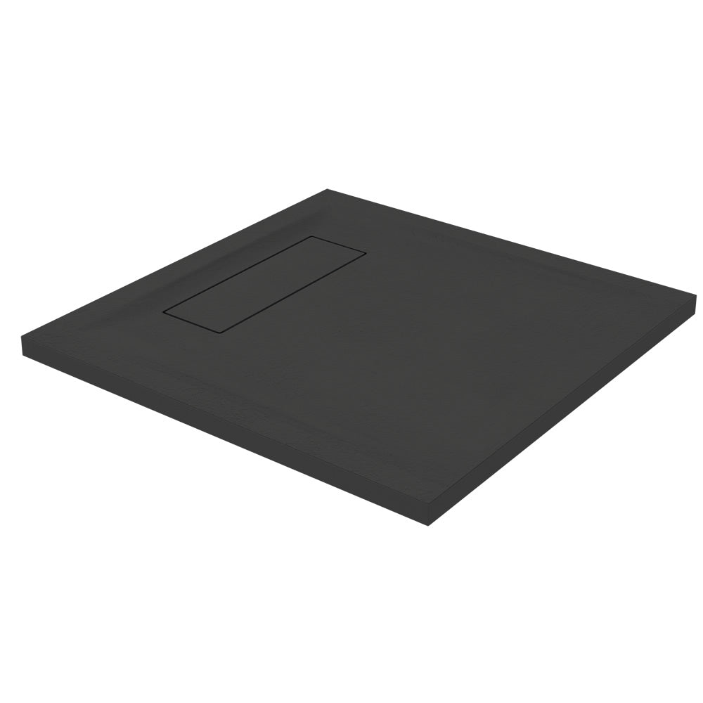 Roman Stone Infinity Slate Effect Shower Tray in black, 800 x 800 x 35mm, featuring a textured anti-slip surface with a rectangular drain.