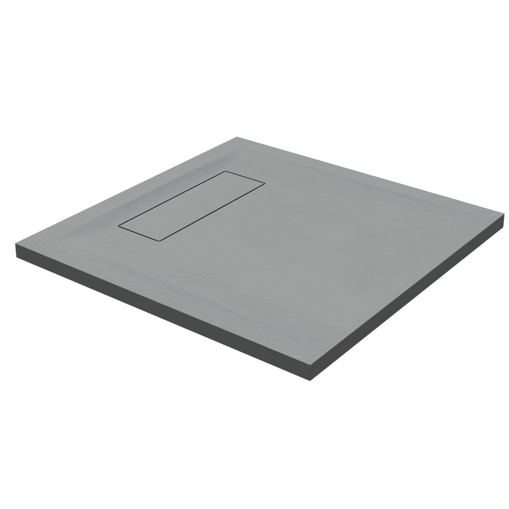 Roman Stone Infinity Slate Effect Shower Tray in grey, 800 x 800 x 35mm, with a textured anti-slip surface and a modern rectangular drain design.