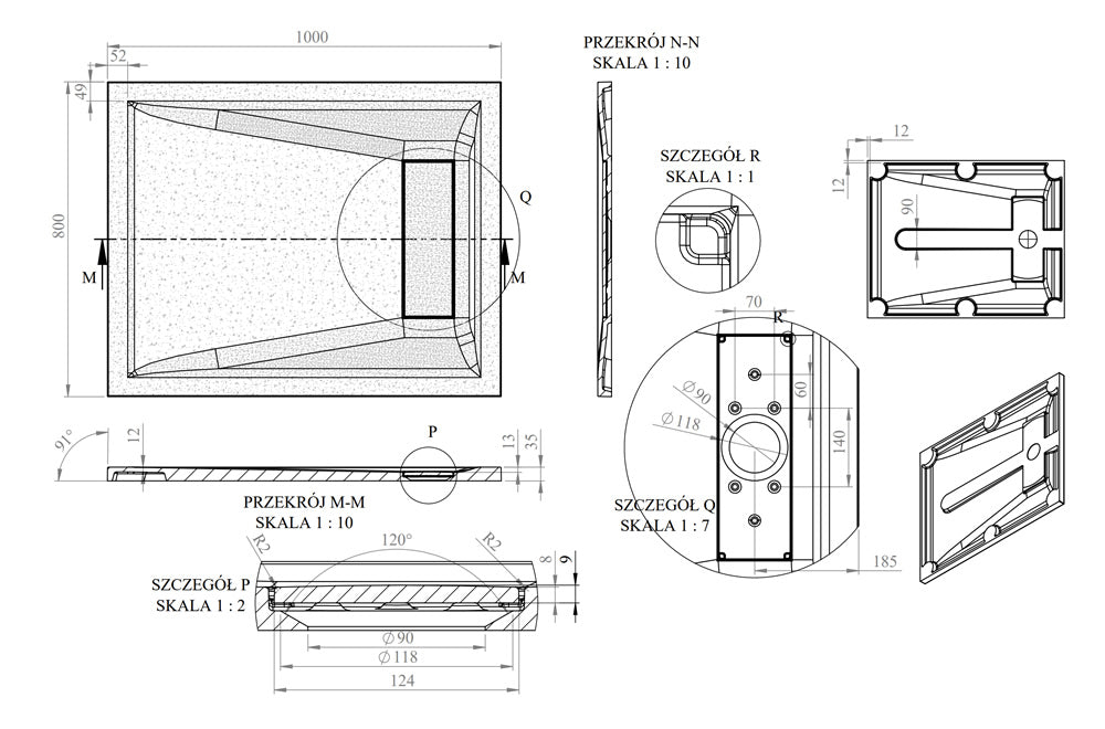 Technical drawing of the Roman Stone Infinity Slate Effect Shower Tray, detailing dimensions, drainage placement, and structural design for installation.