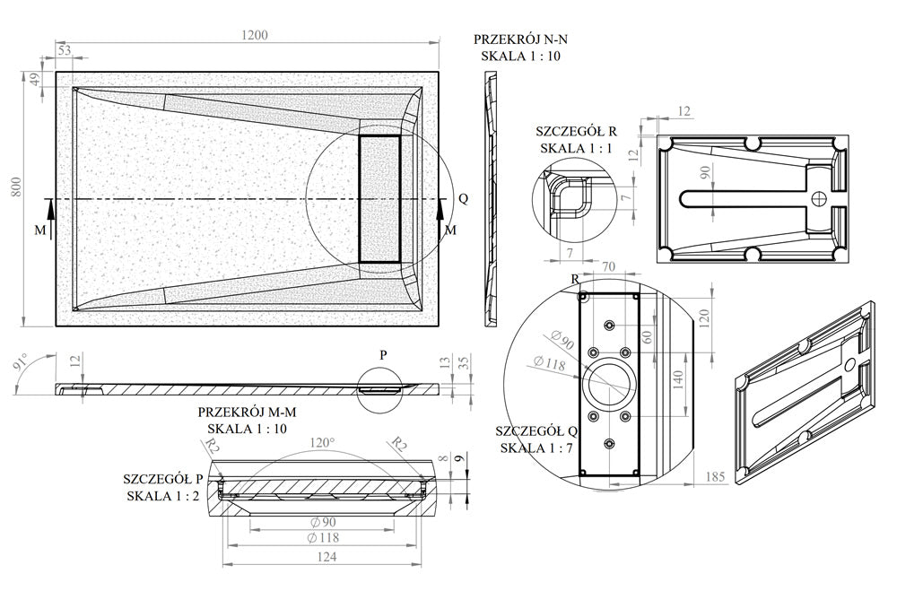 Technical drawing of the Roman Stone Infinity Slate Effect Shower Tray, detailing dimensions, drainage system, and structural design.
