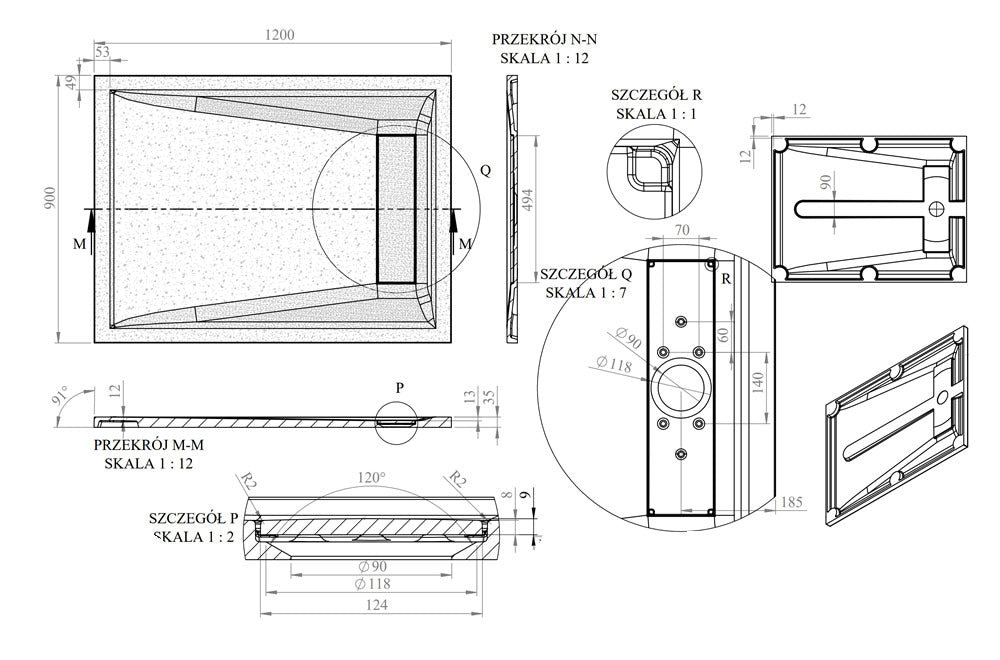 Technical drawing of the Roman Stone Infinity Slate Effect Shower Tray, detailing dimensions, drainage placement, and structural design specifications.
