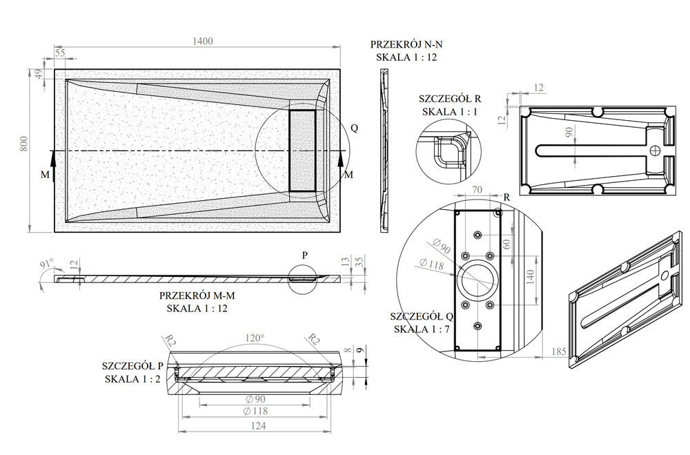 Technical drawing of the Roman Stone Infinity Slate Effect Shower Tray, detailing dimensions, drainage, and structural design for installation.