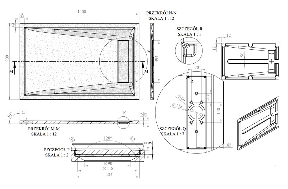 Technical drawing of the Roman Stone Infinity Slate Effect Shower Tray, 1400 x 900 x 35mm, detailing dimensions, drainage, and installation specifications.
