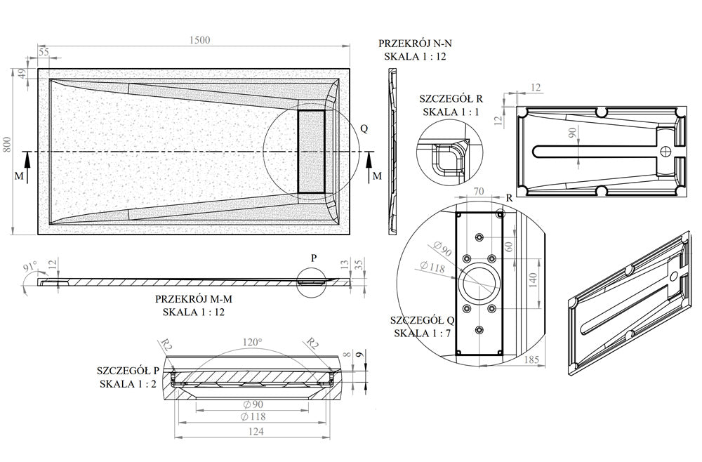 Technical drawing of Roman Stone Infinity Slate Effect Shower Tray, 1500 x 800 x 35mm, displaying dimensions, drainage details, and structural design.