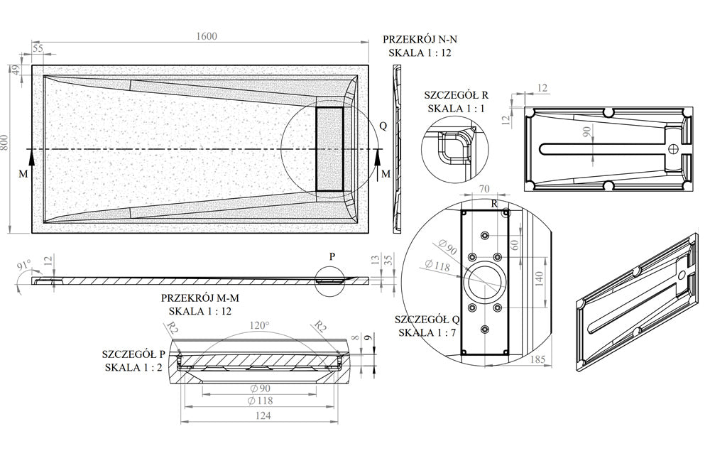 Technical drawing of the Roman Stone Infinity Slate Effect Shower Tray, detailing dimensions, drainage, and structural design. Size 1600 x 800 x 35mm.