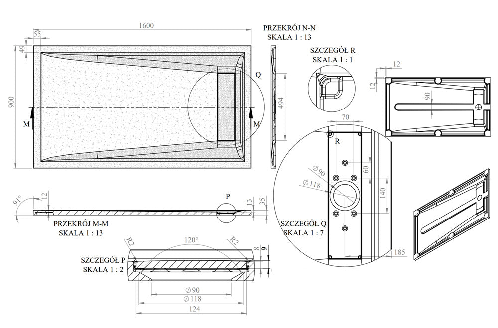 Technical drawing of the Roman Stone Infinity Slate Effect Shower Tray, 1600 x 900 x 35mm, detailing dimensions, drainage, and installation specifications.
