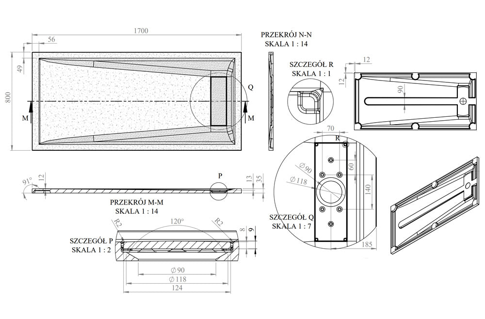 Technical drawing of the Roman Stone Infinity Slate Effect Shower Tray, 1700 x 800 x 35mm, detailing dimensions, drainage, and structural design.