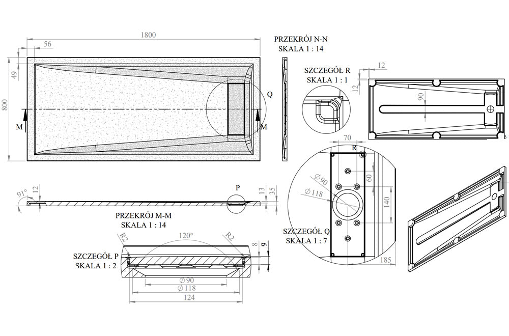 Technical drawing of the Roman Stone Infinity Slate Effect Shower Tray, detailing dimensions, drainage placement, and structural design. Size 1800 x 800 x 35mm.