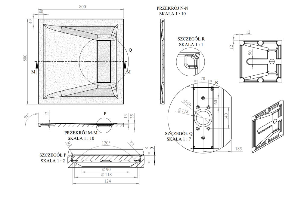 Technical drawing of the Roman Stone Infinity Slate Effect Shower Tray, detailing dimensions, drainage system, and structural specifications.
