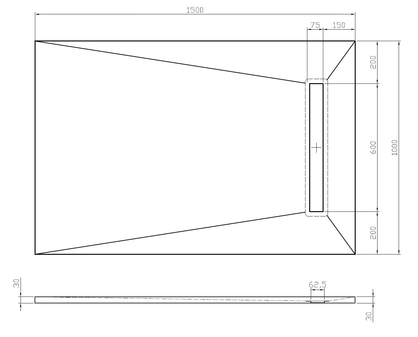 Technical drawing of WetBase® Linear Wetroom Shower Tray Kit, showing dimensions and drain positioning for installation.