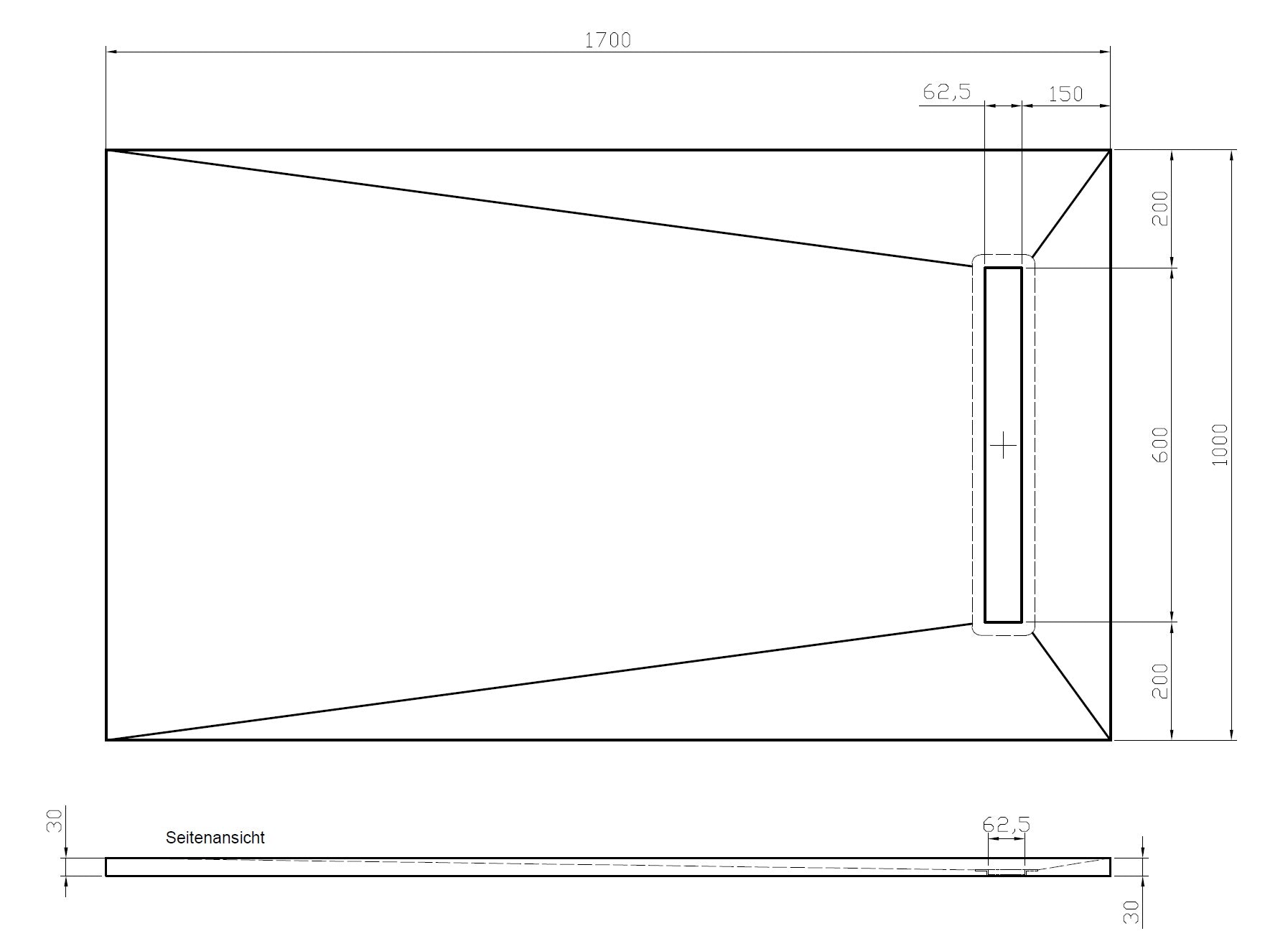 Technical drawing of WetBase® Linear Wetroom Shower Tray, showing dimensions and drain positioning for precise installation.