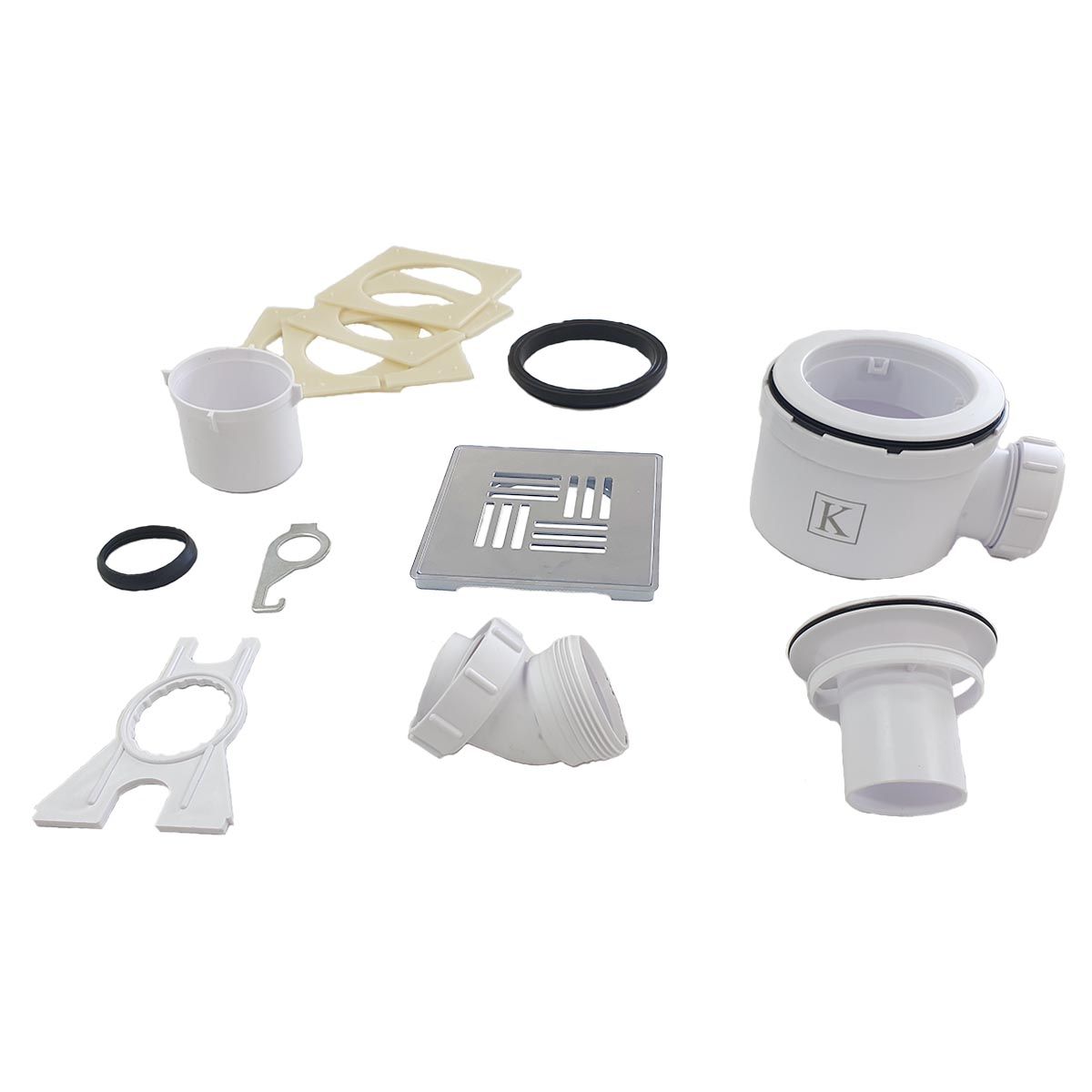 Aqua4ma Evolution wetroom waste kit with a silver drain cover, including essential plumbing components for seamless installation.