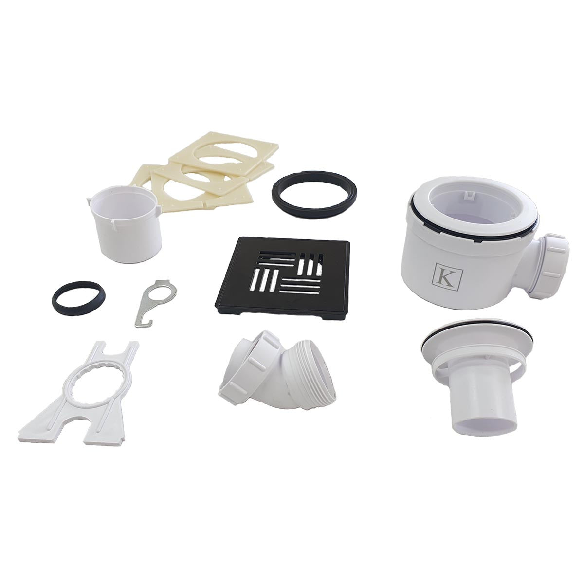 Aqua4ma Evolution wetroom waste kit with a black drain cover, featuring all necessary fittings for a watertight shower base setup.