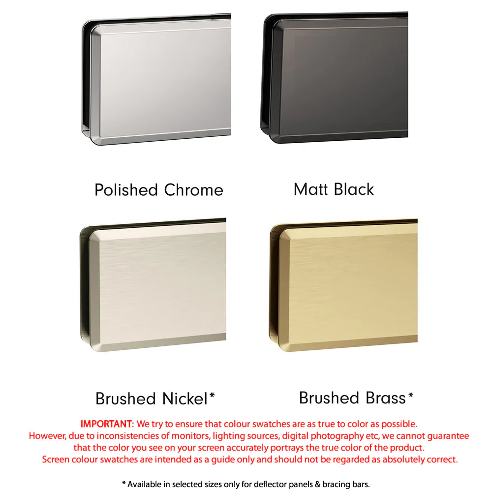 Color swatches for Haven Square Low Level Bracing Bar, showcasing finishes in Polished Chrome, Matt Black, Brushed Nickel, and Brushed Brass.