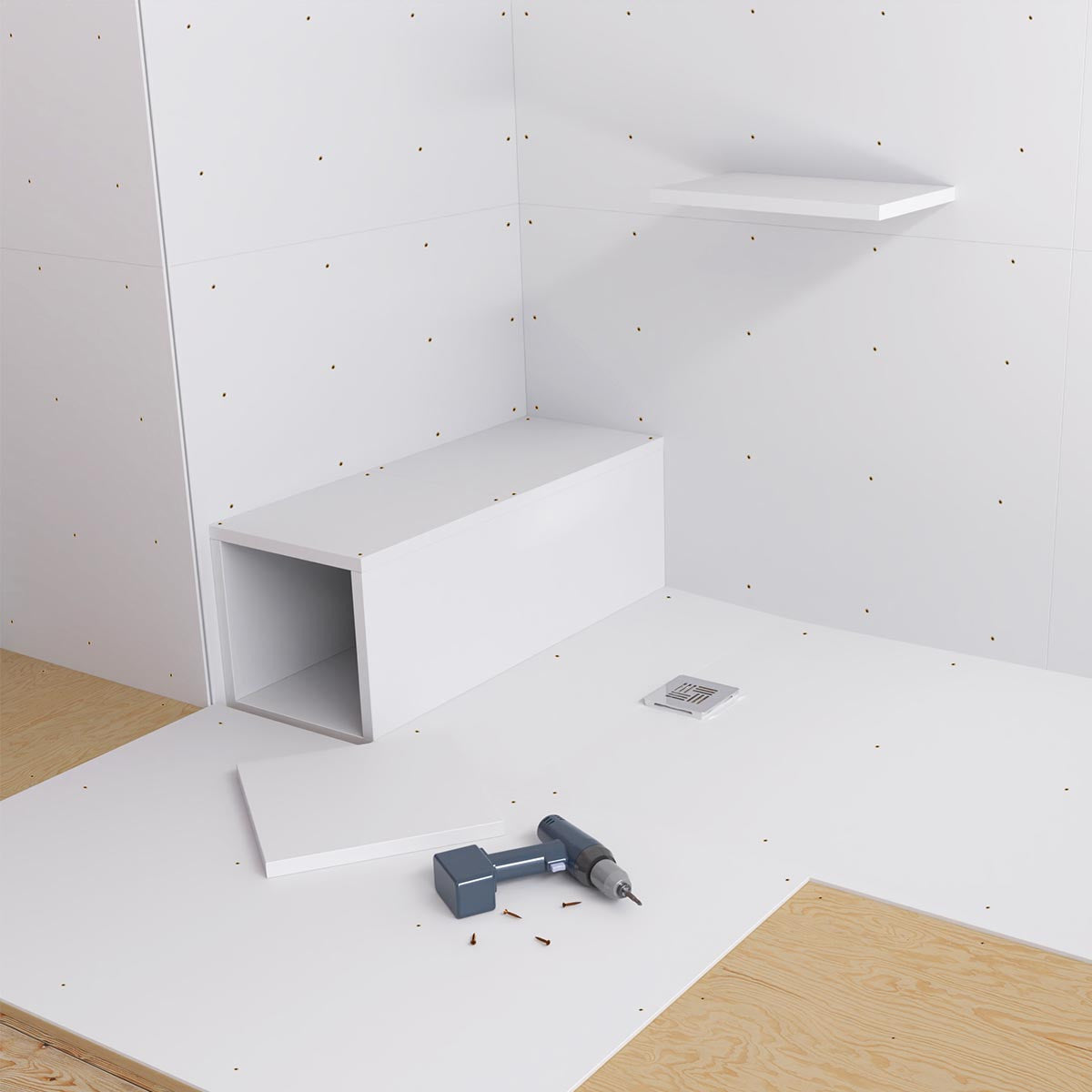 Kudos Aqua4ma Wall & Floor Panels in a wet room setup with tools, highlighting easy installation and waterproof construction.