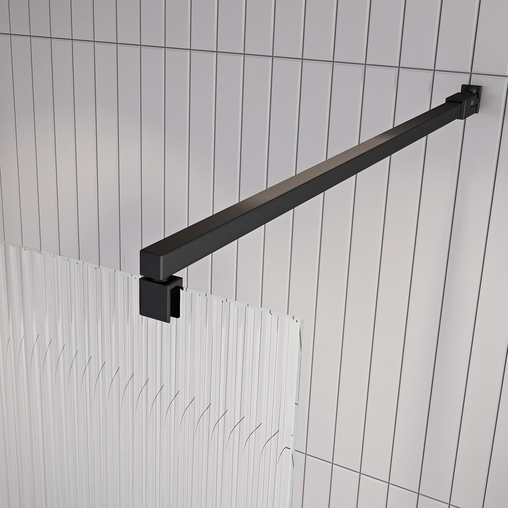 Roman Liberty square bracing bar in matt black finish, providing sturdy support for a wet room shower screen installation.