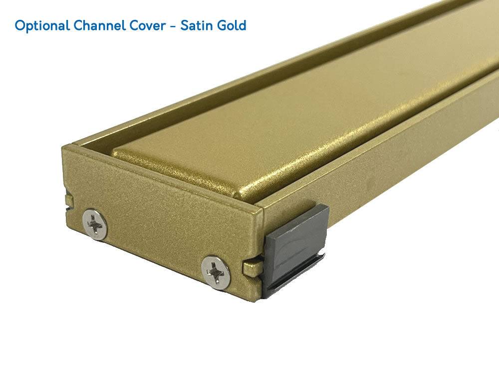 Optional satin gold channel cover for WetBase® Linear Shower Tray. Elegant and stylish finish to complement luxury wet room designs.