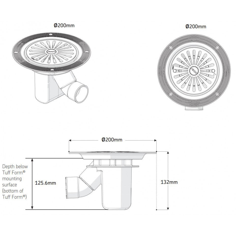 Technical drawing of round shower waste drain for AKW Tuff Form8, showing dimensions and installation depth for precise fitting in wet rooms.