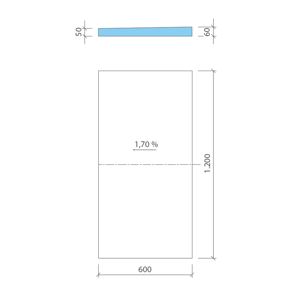 Detailed schematic of wedi Fundo Sloping Board featuring 1.7% slope, 600x1200mm dimensions, and 50mm to 60mm thickness for enhanced shower floor drainage.