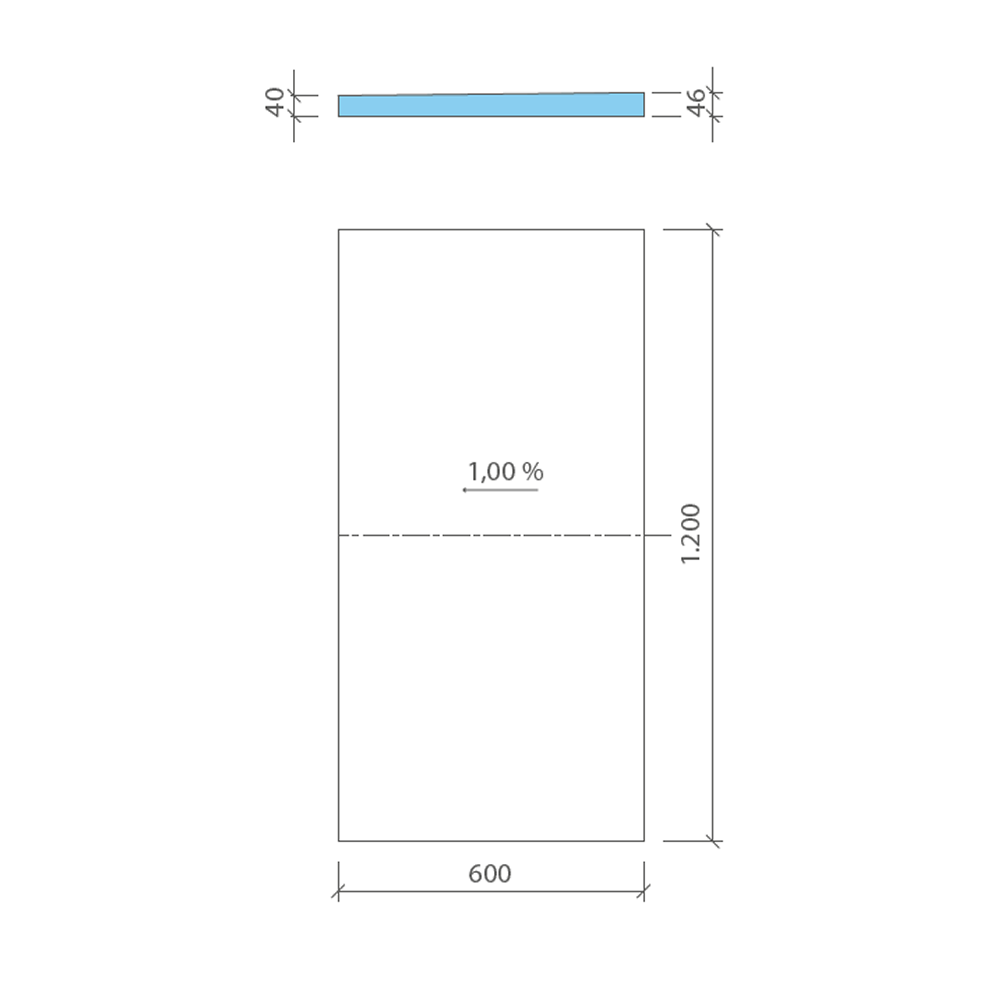 Technical drawing of wedi Fundo Sloping Board showing 1% slope, 600x1200mm dimensions, and 40mm to 46mm thickness for precise shower floor installation.