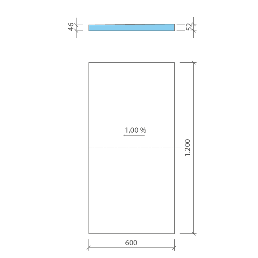wedi Fundo Sloping Board diagram with 1% slope, 600x1200mm size, and 46mm to 52mm thickness for effective drainage and insulation in wet areas.